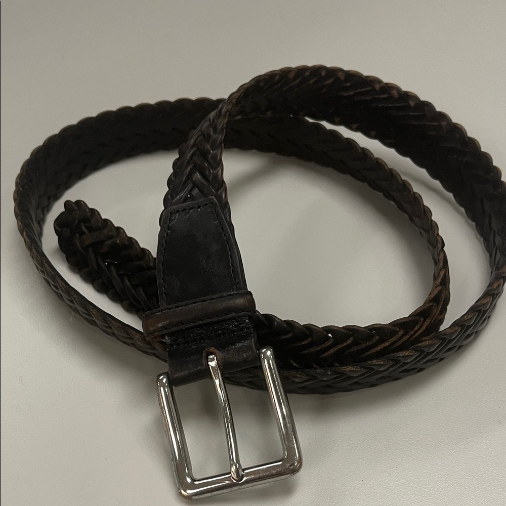 Cole Haan Dark Brown Leather Braided With Silver Tone Buckle Size 36”